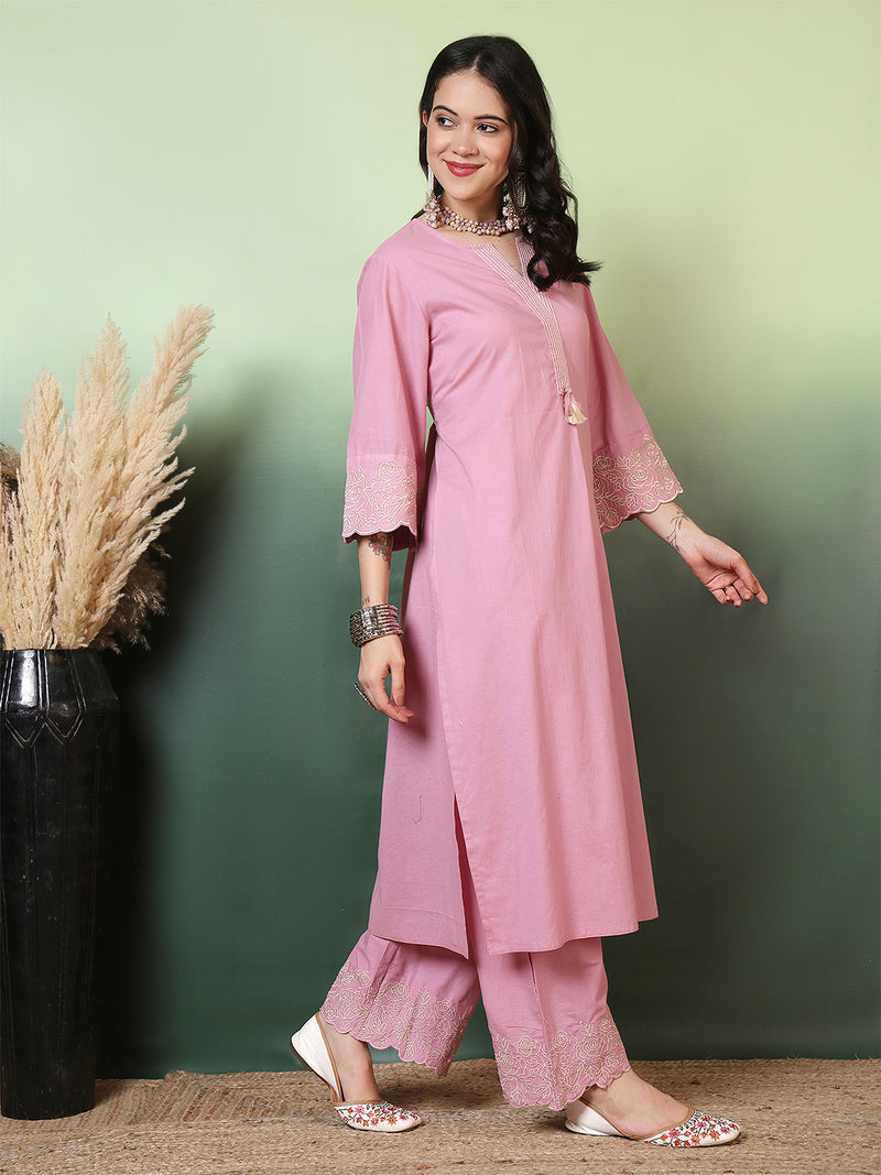 Women Cotton Flex Pink Kurta with Embroidery Sleeves and Trouser Set