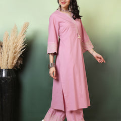 Women Cotton Flex Pink Kurta with Embroidery Sleeves and Trouser Set