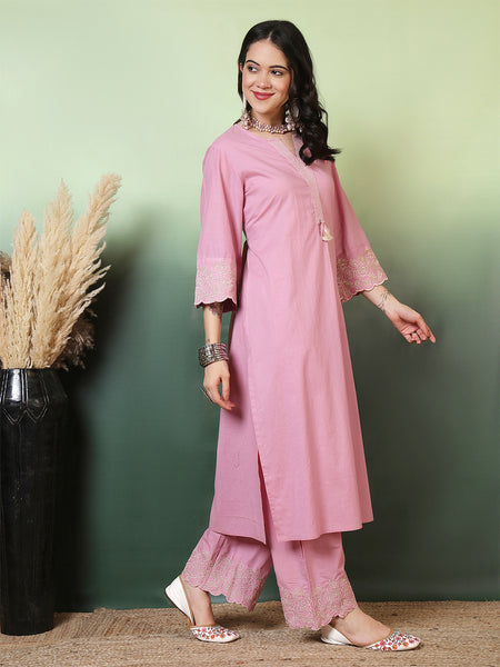 Women Cotton Flex Pink Kurta with Embroidery Sleeves and Trouser Set