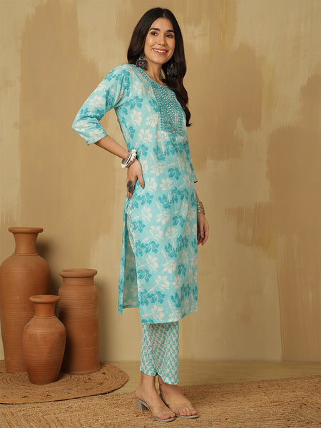 Women Sky Blue Cotton Embroidery Kurta With Trouser & Dupatta