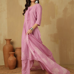 Women Pink Cotton Discharge Printed A-line Kurta With Trouser & Dupatta
