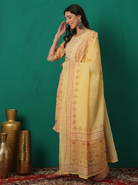Women Yellow Cotton Round Neck, 3/4 Sleeves, Calf Length, Printed Kurta with Trouser & Dupatta