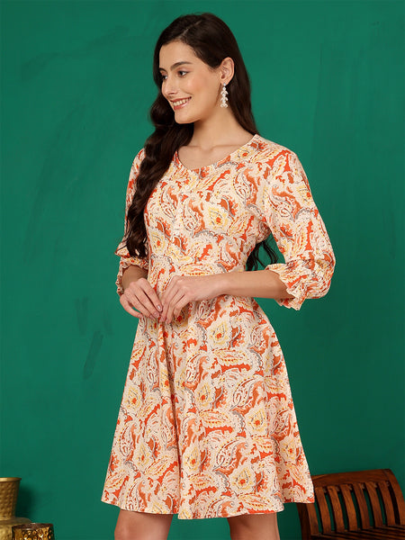 ANAISA Women Orange Pasley Printed Cotton , Round Neck, Knee Length Short Summer Dress