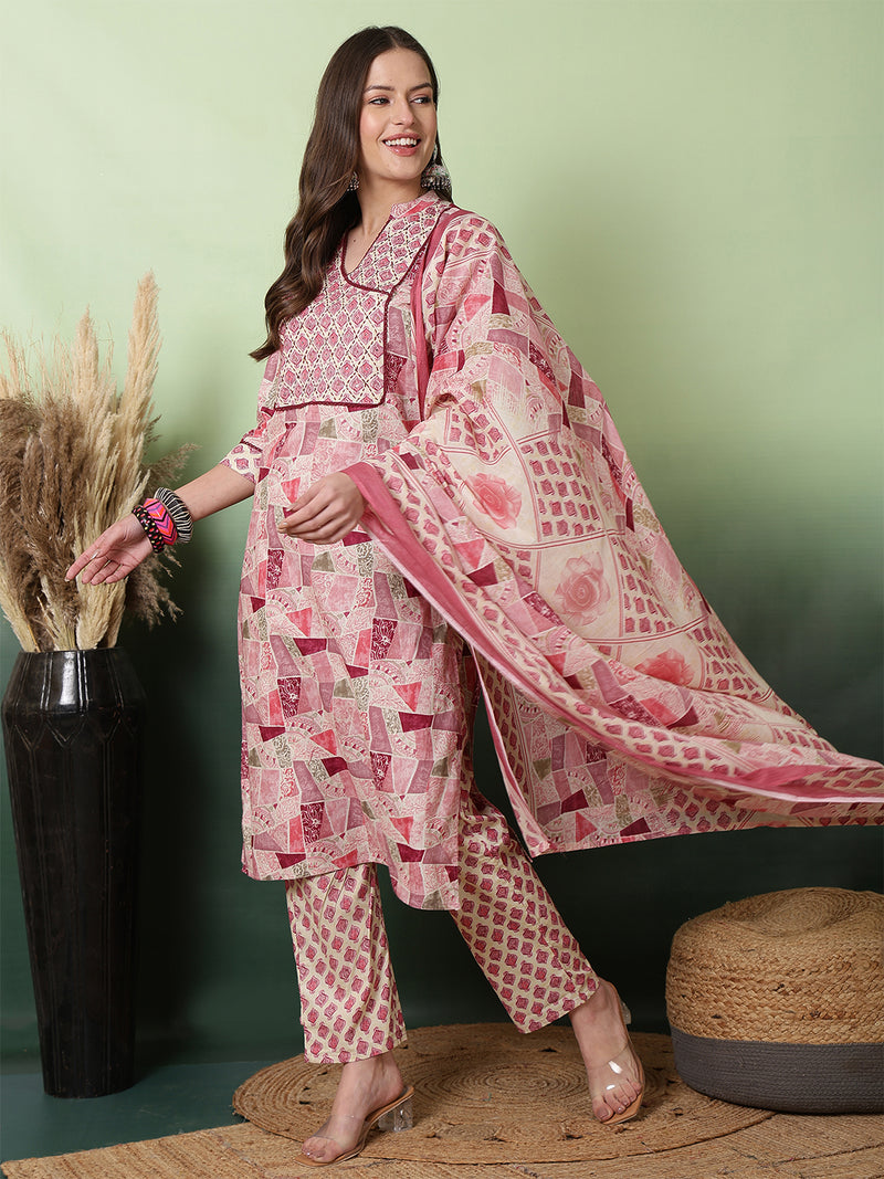 Women Pink Digital Printed V-neck Kurta with Trouser & Dupatta