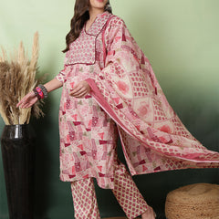 Women Pink Digital Printed V-neck Kurta with Trouser & Dupatta