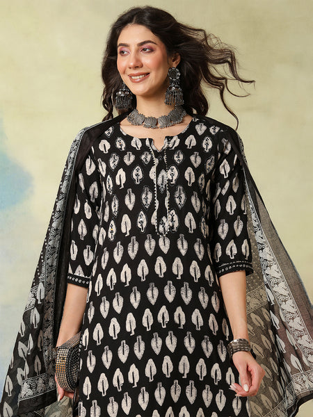Women Black Viscose Rayon Discharge Printed Kurta With Trouser & Dupatta