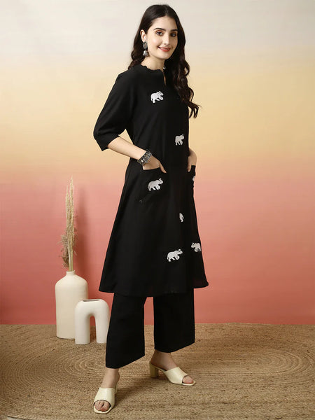 Women Solid Cotton Flex A-line Pocket Kurta with Palazzo Set