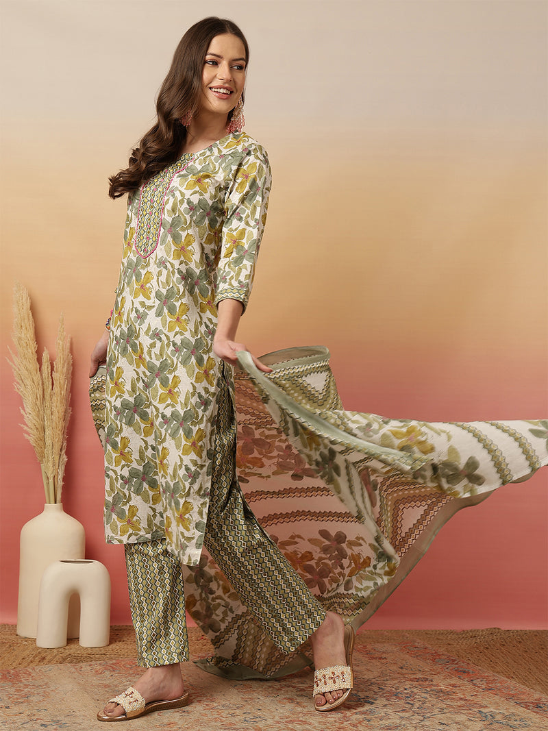 Women Olive Green Printed Yoke Embroidery Kurta with Trouser & Dupatta