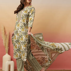 Women Olive Green Printed Yoke Embroidery Kurta with Trouser & Dupatta