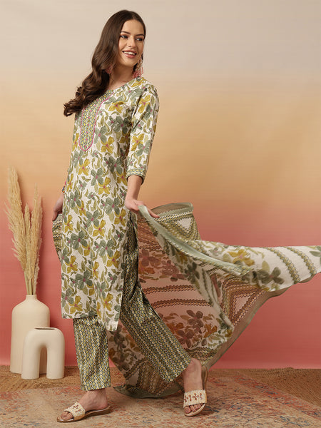 Women Olive Green Printed Yoke Embroidery Kurta with Trouser & Dupatta
