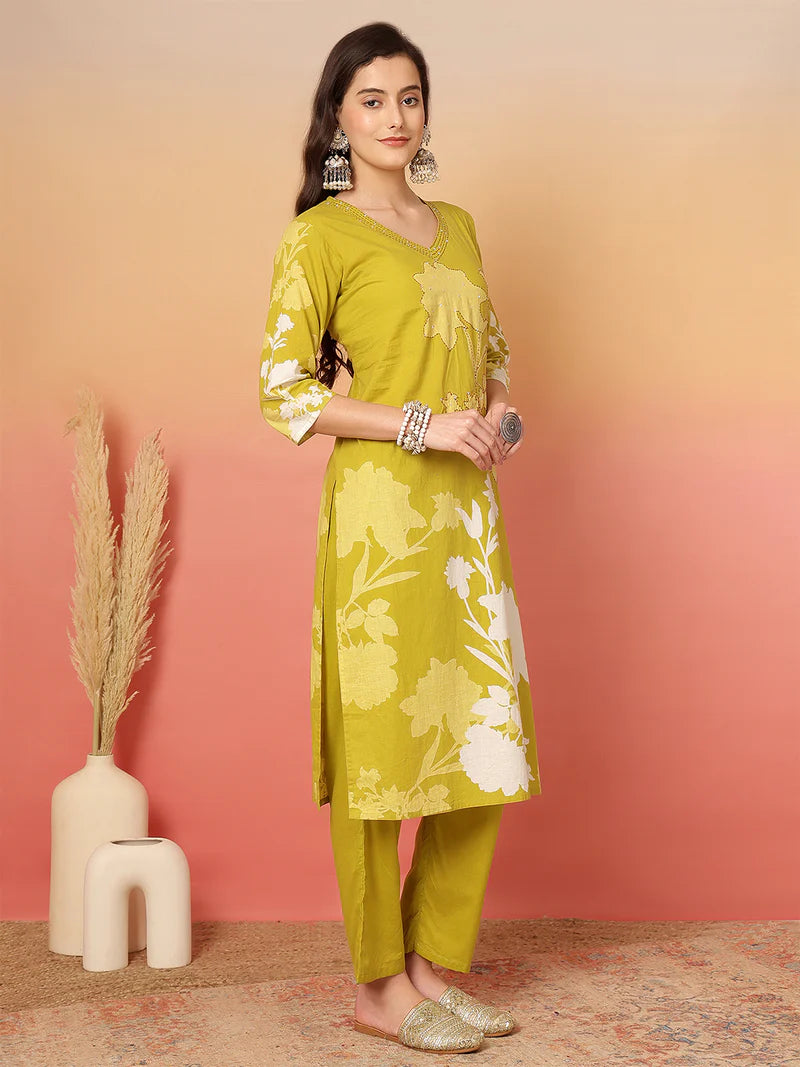Women Cotton Printed Patch Work Kurta with Trouser & Dupatta