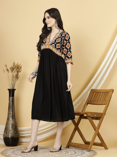 Women Black Block Printed A_line Calf Length Designer Ethnic Dress