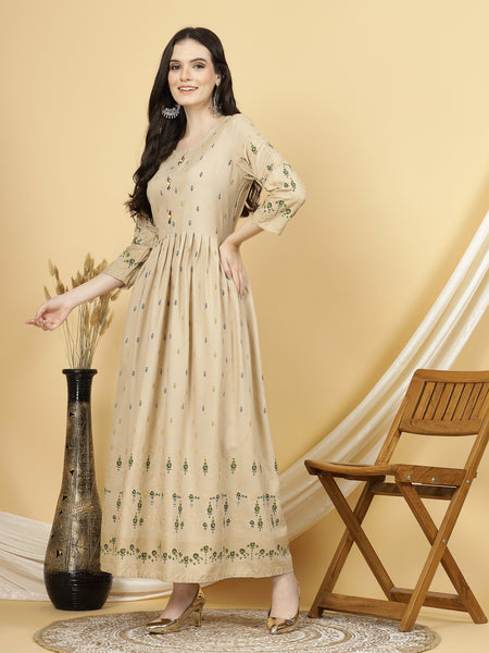 Women Beige Party wear maxi length ethnic gown dress