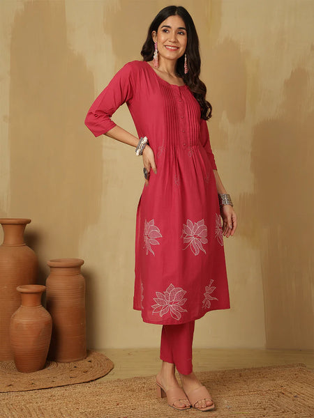 Women Cotton Discharge Printed A-line Kurta with Trouser & Dupatta