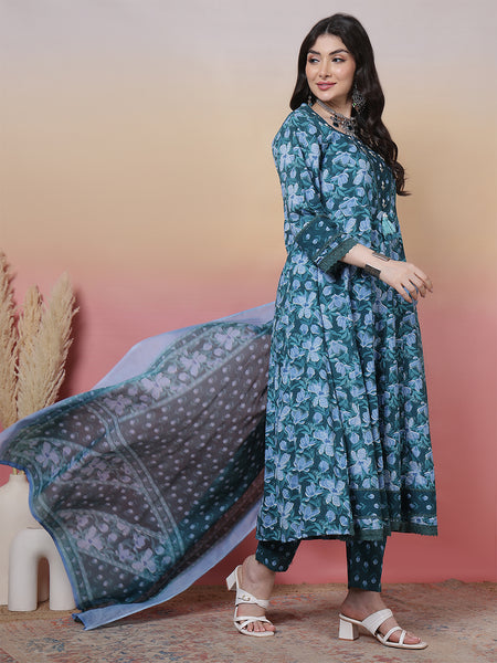 Women Blue Cotton Printed Anarkali Hand work Yoke with Trouser & Dupatta