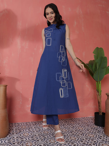 Women Royal Blue Pure Cotton Embroidery Kurta with attached sleeves and Palazzo Set
