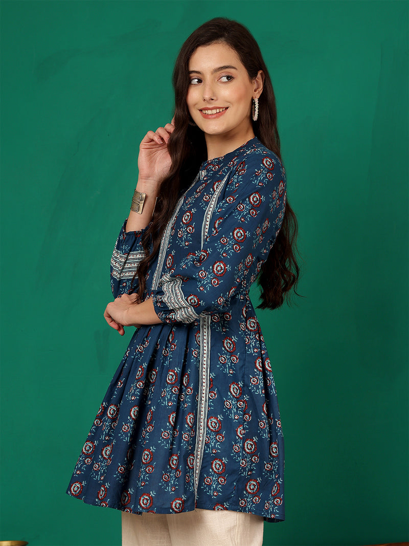 ANAISA Women Cotton Blue Printed Fit & Flare Summer Top