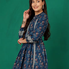 ANAISA Women Cotton Blue Printed Fit & Flare Summer Top