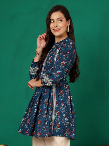 ANAISA Women Cotton Blue Printed Fit & Flare Summer Top