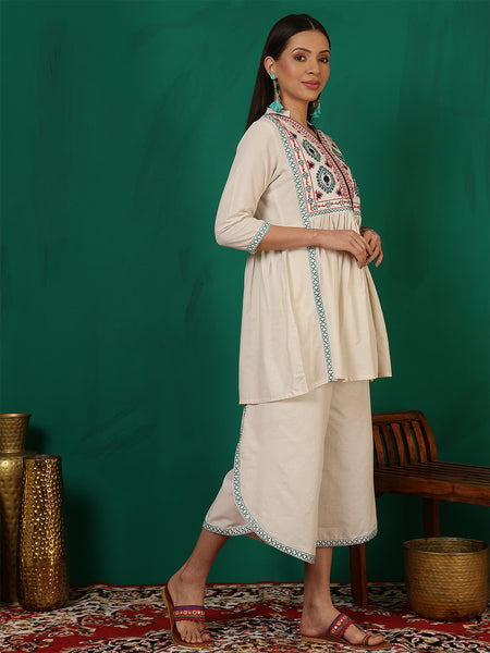 Women Cotton White Yoke Embroiery Top with Palazzo Co-ord Set