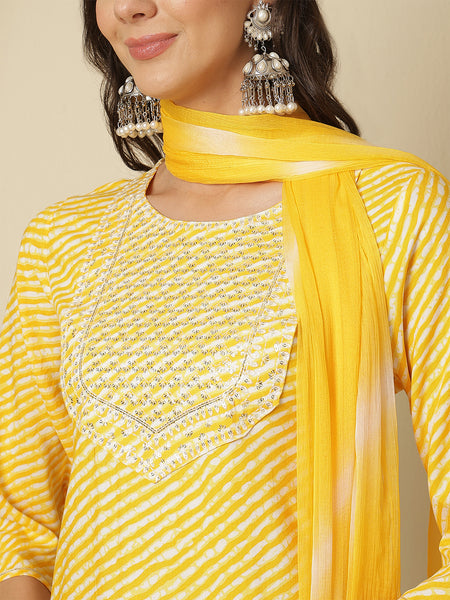 Women Cotton Yellow Printed Kurta with Trouser & Dupatta