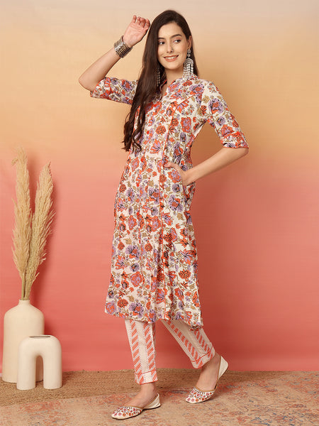 ANAISA Women Cotton Orange Floral Printed A-line, Calf Length Kurta with Trouser