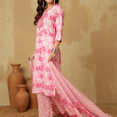 Women Pink Cotton Embroidery Kurta With Trouser & Dupatta