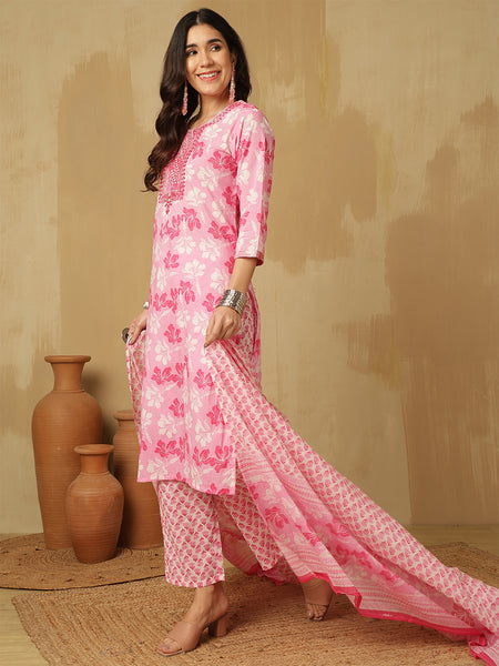 Women Pink Cotton Embroidery Kurta With Trouser & Dupatta