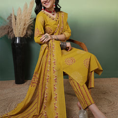 Women Pure Cotton Mustard Hand Work Yoke Printed Kurta with Trouser & Dupatta