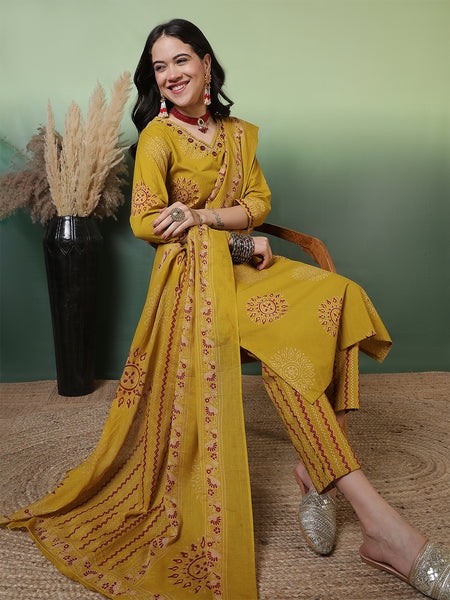 Women Pure Cotton Mustard Hand Work Yoke Printed Kurta with Trouser & Dupatta