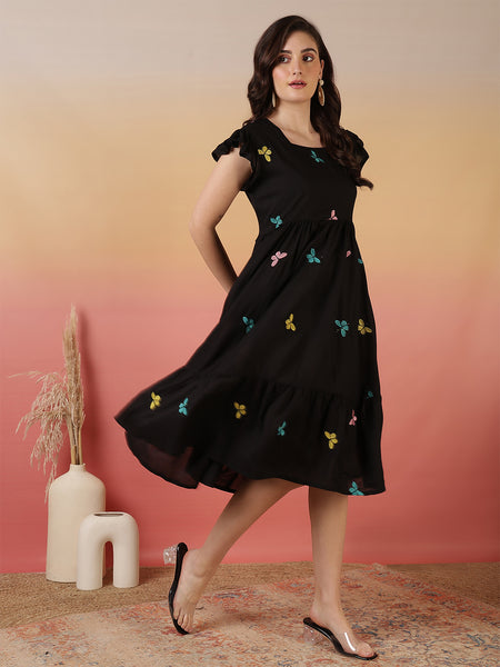Women Cotton Embroidery Fit And Flare Dress