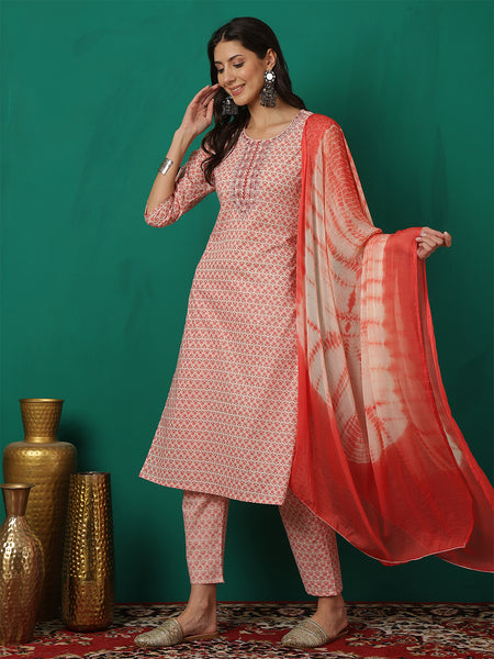 Women Orange Cotton Printed, Round Neck, 3/4 Sleeves, Calf Length Kurta with Trouser & Dupatta