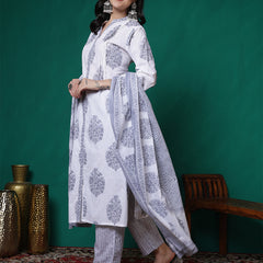 Women Pure Cotton White & Grey Printed Kurta with Trouser & Dupatta