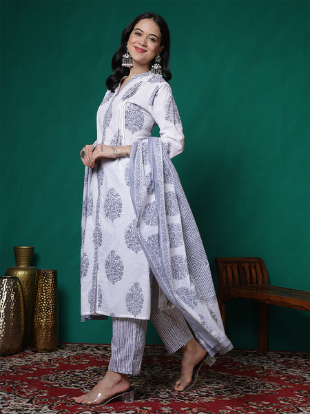 Women Pure Cotton White & Grey Printed Kurta with Trouser & Dupatta