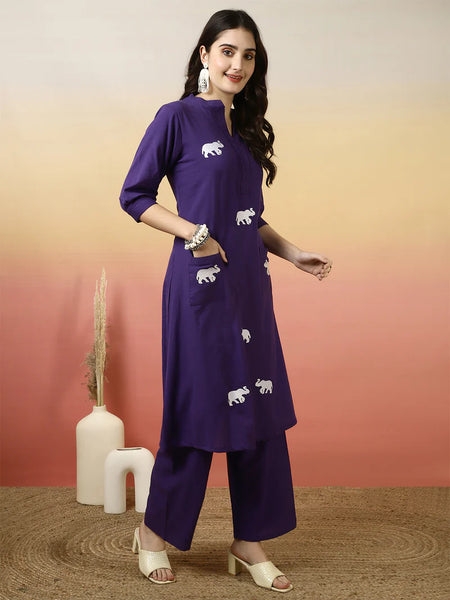 Women Solid Cotton Flex A-line Pocket Kurta with Palazzo Set