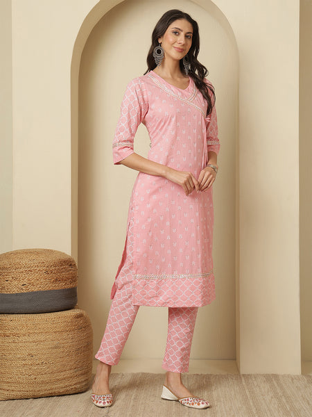 Women Cotton Pink Printed Angrakha Kurta with Trouser