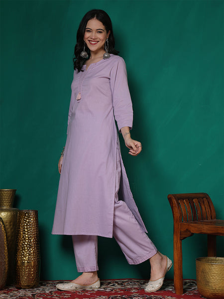 Women Lavender Cotton Flex Pocket Embroidery Kurta with Trouser Set