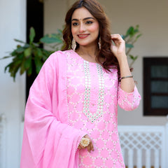 ANAISA Women cotton Schiffli embroidered Kurta with Trouser & Dupatta
