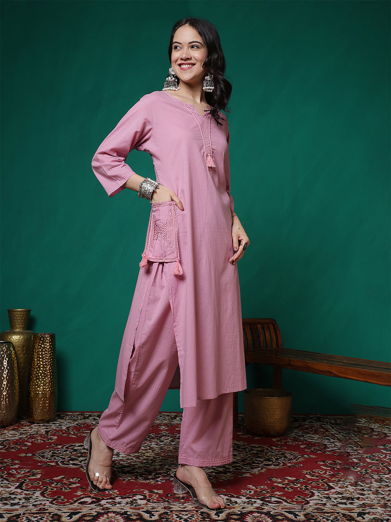 Women Lavender Cotton Flex Pocket Embroidery Kurta with Trouser Set