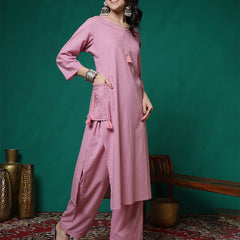 Women Lavender Cotton Flex Pocket Embroidery Kurta with Trouser Set