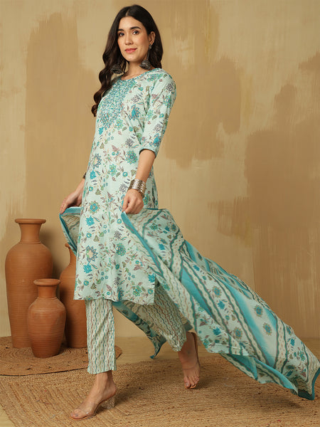 Women Blue Cotton Printed Kurta With Trouser & Dupatta