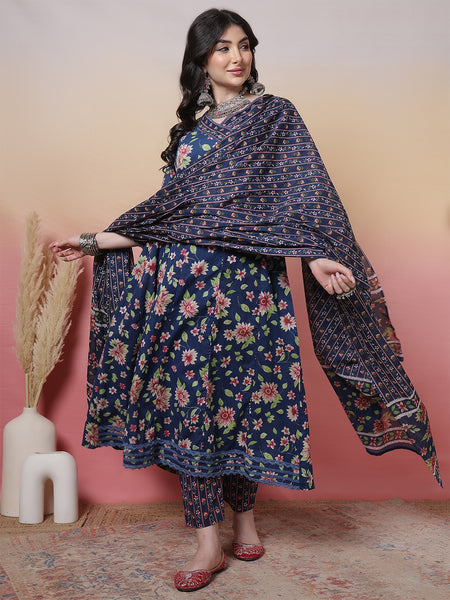Women Blue Cotton Floral Printed Hand Work Anarkali Kurta with Trouser & Dupatta