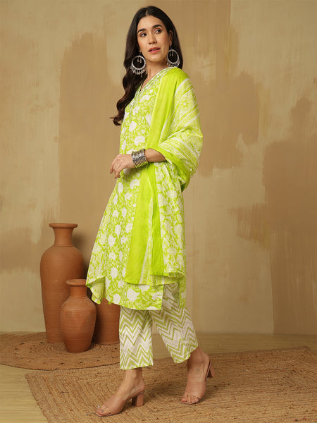 Women Green Cotton Printed Kurta with Trouser & Dupatta