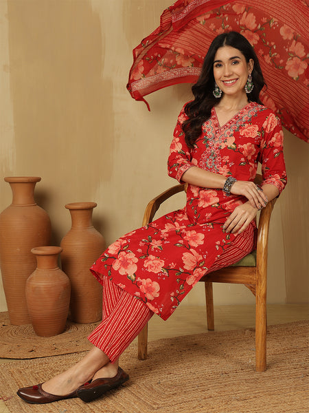 Women Red Floral Printed Yoke Embroidery V-neck Kurta With Trouser & Dupatta