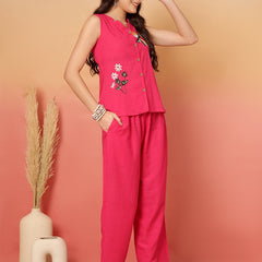 Women Cotton Pink Embroidery Top with Trouser Co-ord Set