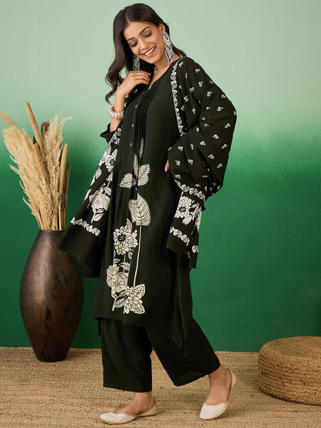 Women Black Pintex Kurta With Trouser & Dupatta