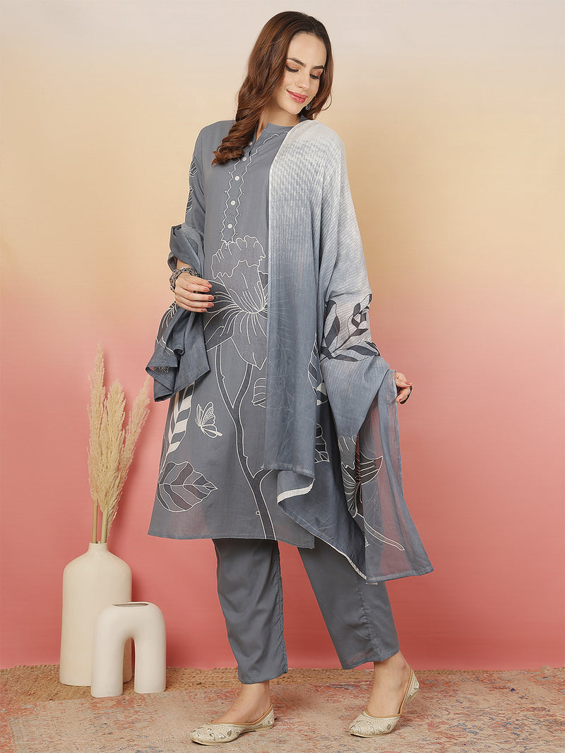 ANAISA Women Cotton Placement Print Straight Kurta with Trouser & Dupatta