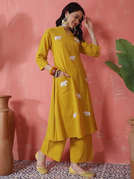 Women Mustard Solid Cotton A-line Kurta with Palazzo Set