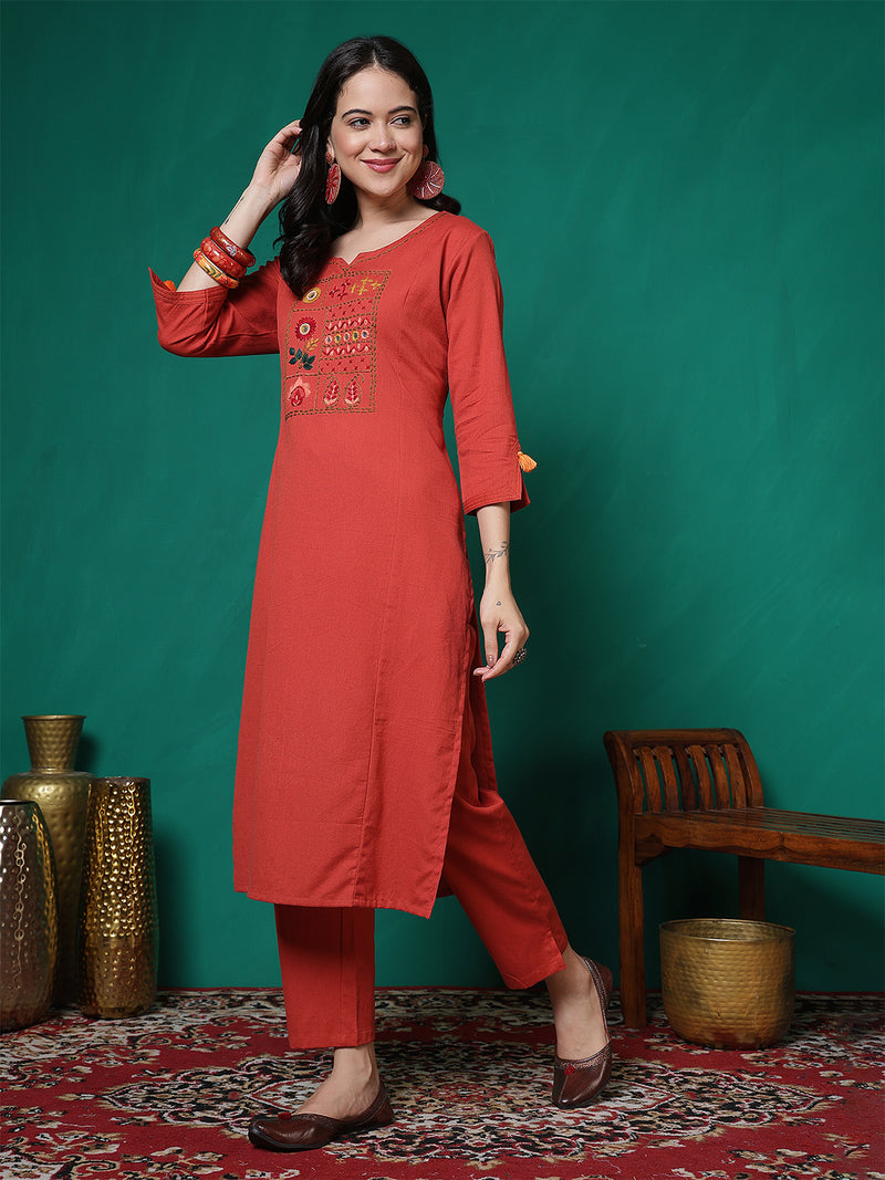 Women Lavender Cotton Flex Hand Work Kurta with Trouser Set