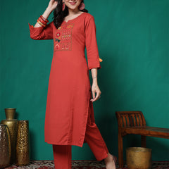 Women Lavender Cotton Flex Hand Work Kurta with Trouser Set